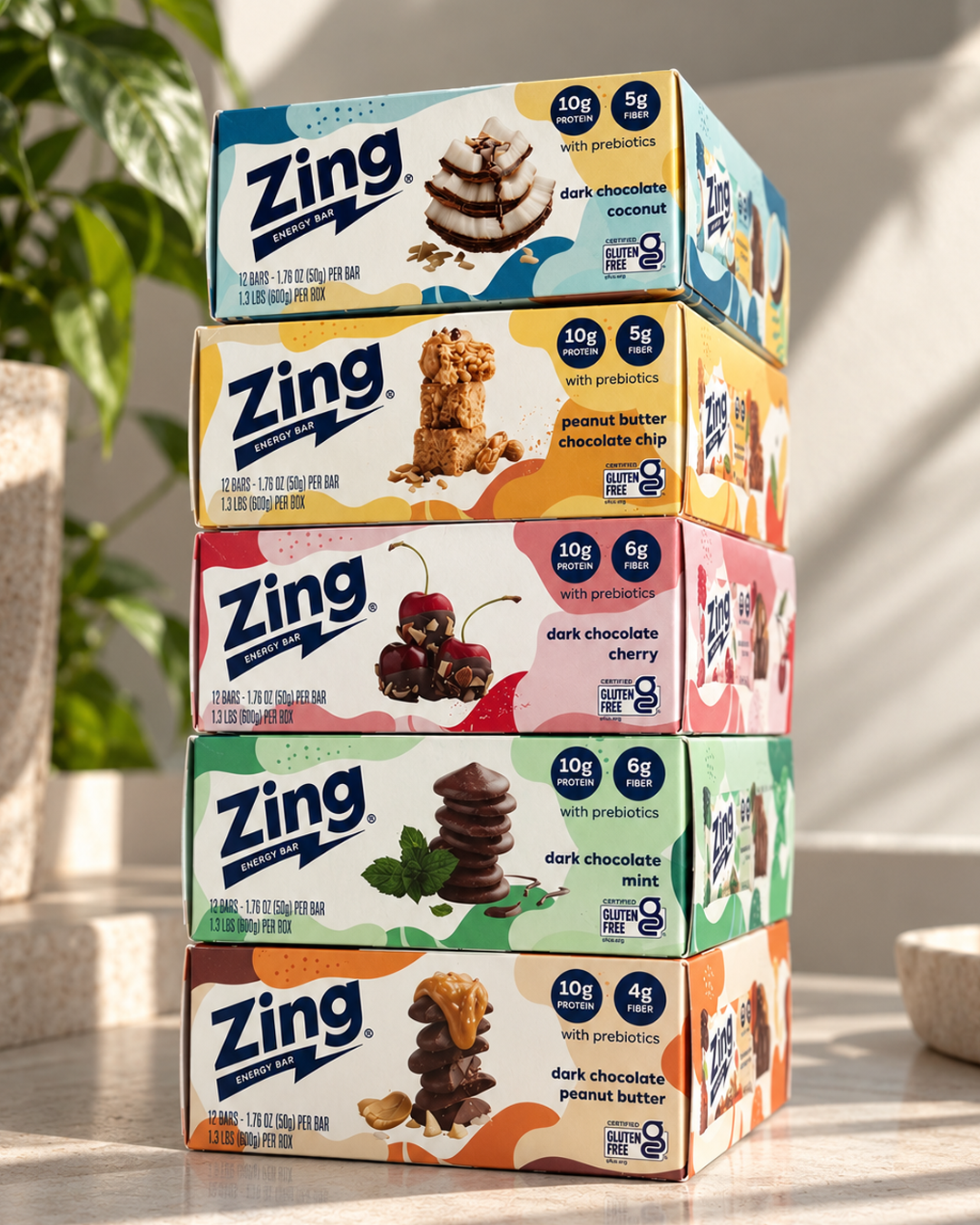 zing bar boxes stacked on table
