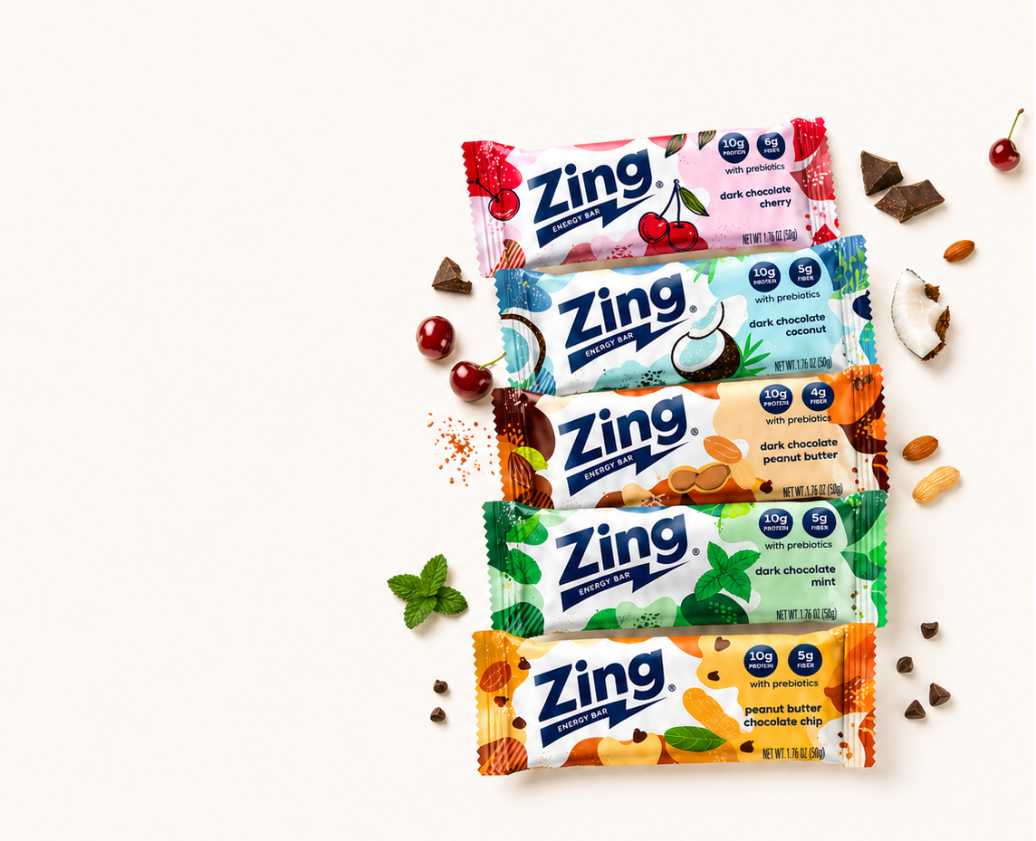 five zing bars lined up on cream background