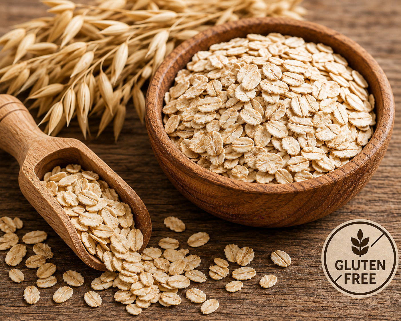 Close-up of gluten-free rolled oats in a wooden bowl with oat stalks on a rustic wooden surface.