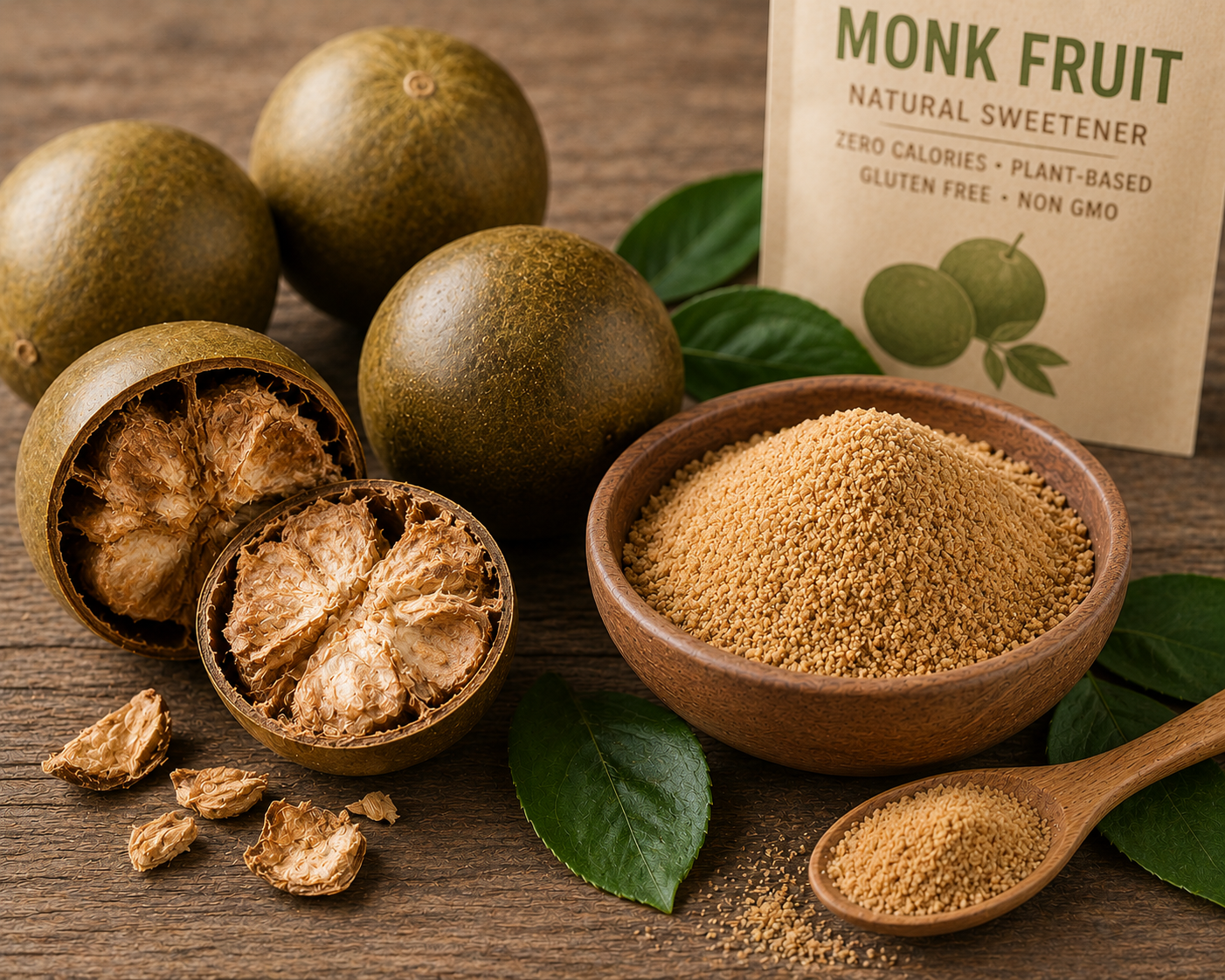 Close-up of monk fruit and monk fruit sweetener in a rustic natural food photography scene.