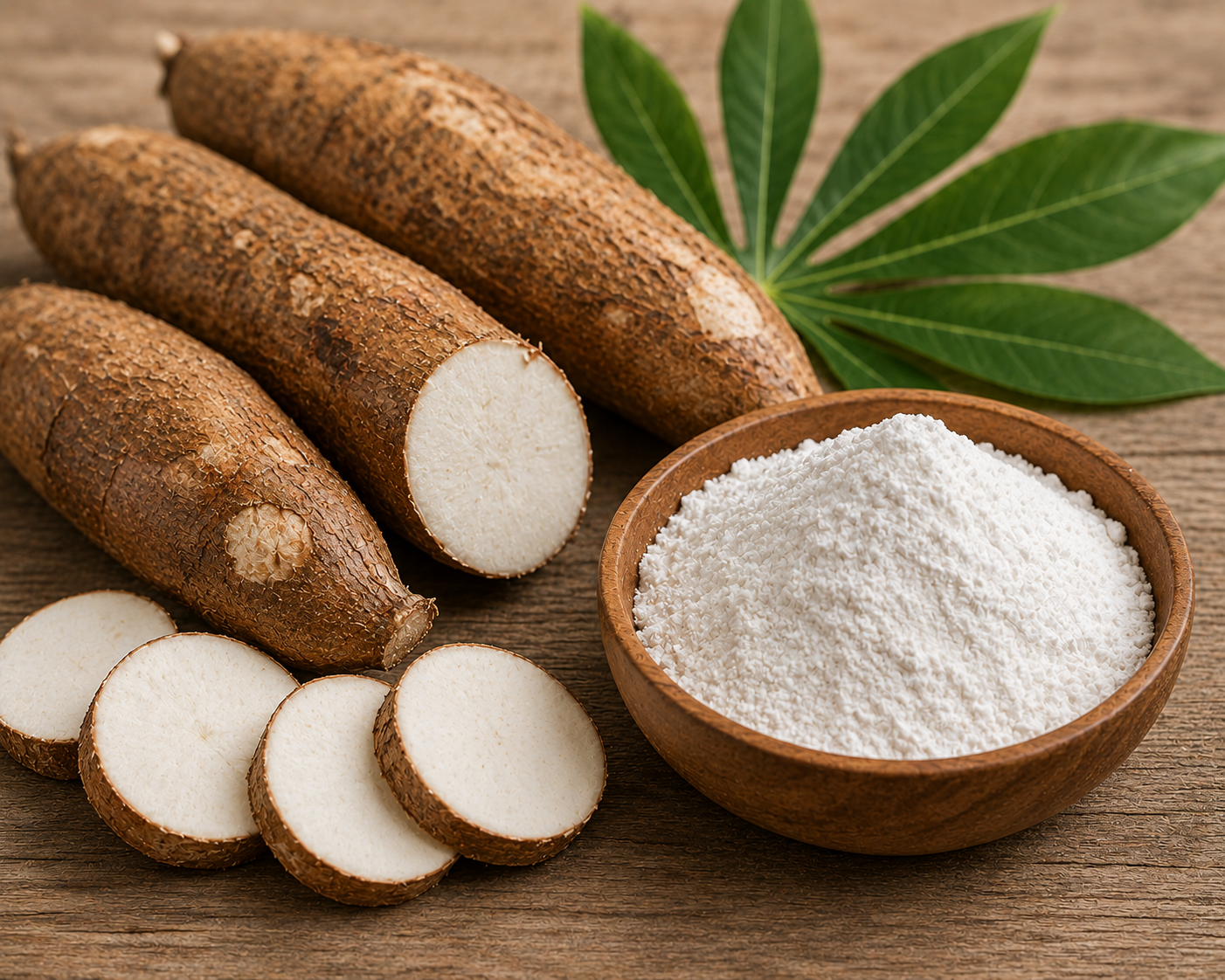 Close-up of tapioca root (cassava) and tapioca flour in a rustic natural food photography scene.